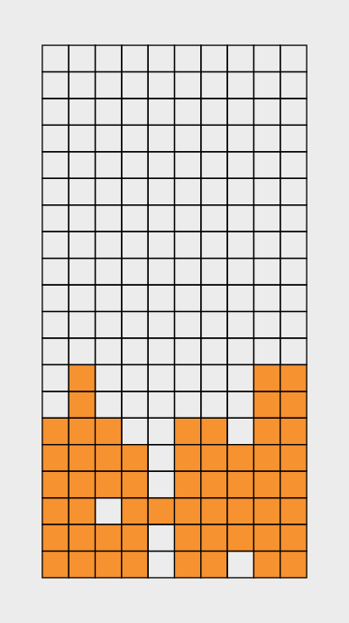 A 10 by 20 board grid with some of its cells occupied